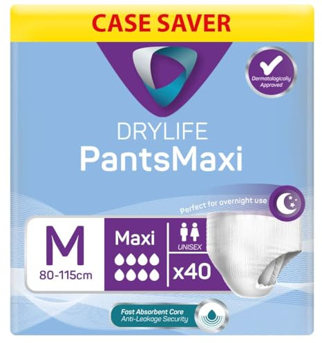 40 x Drylife Maxi | Medium | Pull-Up Pants | Unisex | 3000ml | Overnight | Disposable Incontinence Underwear | Dry Feel Technology | Anti-Leak Security | Soft, Breathable | Comfort Fit | 4 Packs of 10