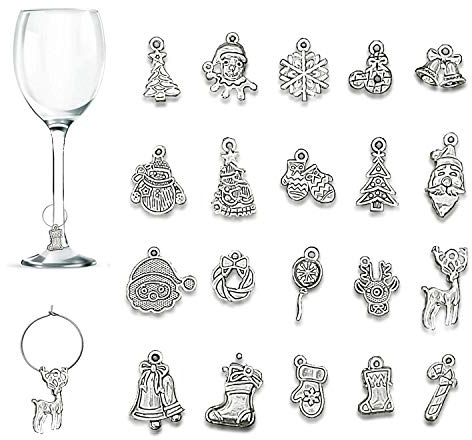 CNYMANY 20 pcs Wine Glass Charms, Zinc Alloy Christmas Themed Goblet Drink Markers Tags with Buckle Design for Christmas Wine Cocktail Champagne Tasting Party Favors Supplies Gifts