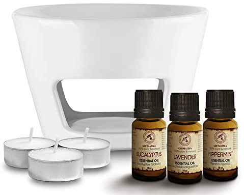 Aromatherapy Set - Oil Burner White & Essential Oils Set 3*10ml - Peppermint Essential Oil - Lavender Essential Oil - Eucalyptus Essential Oil - Ceramic Oil Burner - for Aromatherapy - 3 Candles Free