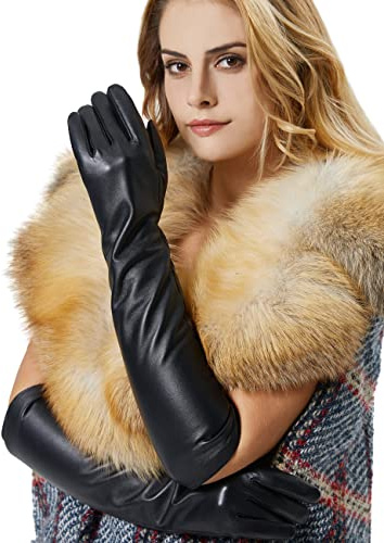 VIKIDEER Lange Handschuhe aus echtem Leder für Damen, voller Touchscreen, Winter, warm gefüttert, eleganter Typ