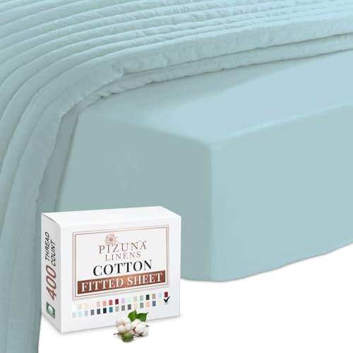100% Cotton Baby Blue Double Fitted Sheet, 400 Thread Count Long Staple Cotton Fitted Bed Sheets Double 140x200 cm, Sateen 40 cm Deep Pocket Fitted Sheet 1 Pc Only (Blue Bedding Double) - Pizuna