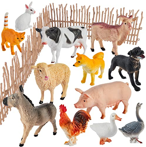 BUYGER Set Animali Fattoria Plastica Giocattolo per Bambini 3 + Anni, Grandi e Mini Realistico Fattoria Animali Figure con Assemblare Recinzioni, Giochi Educativo Regalo per Bambini