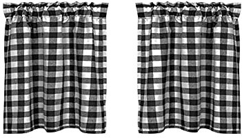 Pcscevcr 2 cortinas de ventana de cocina, cortinas cortas clásicas a cuadros, cortinas de nivel a cuadros para cocina, cafetería, baño, decoración de ventana, 29 x 24 pulgadas (blanco y negro)