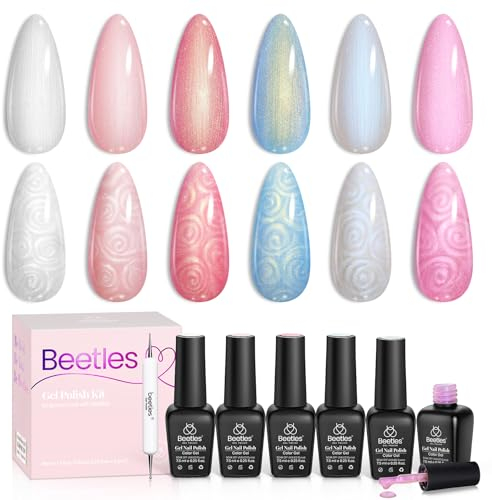 Beetles Esmalte de uñas UV, set de 6 colores, nácar, concha, purpurina, blanco, rosa, azul, sirena, esmalte de uñas en gel, hilo con espiral para principiantes, serie San Valentín.