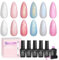 Beetles Esmalte de uñas UV, set de 6 colores, nácar, concha, purpurina, blanco, rosa, azul, sirena, esmalte de uñas en gel, hilo con espiral para principiantes, serie San Valentín.