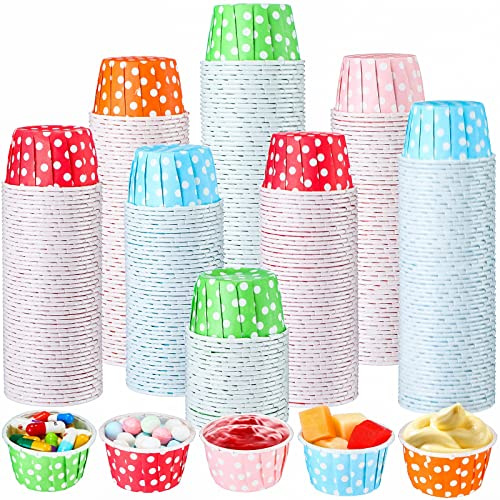 Nuogo 500 Pcs 1.5 oz Disposable Souffle Cups Mini Paper Taster Cups Small Condiment Sample Tumbler for Ketchup Sacrament Snack Medicine Container Birthday Party Supplies(with Spots)