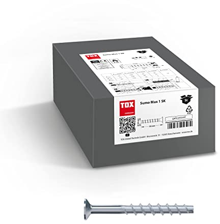 TOX Schraubanker Sumo Max 1 SK 10x90 mm, Senkkopf, Stahl verzinkt für verschiedene Einbautiefen, bauaufsichtlich zugelassen für schwere Lasten, 50 Stück, 041101491