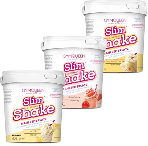 GymQueen Slim Shake, Vanille + Erdbeere + Banana Milkshake, 3 x 420 g