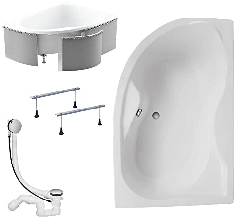 KOLMAN Badewanne DORA Eckbadewanne 170x110 Rechts mit Styroporverkleidung, Ablaufgarnitur und Füßen Komplettset 4in1 Premium Original Acryl Wanne Siphon