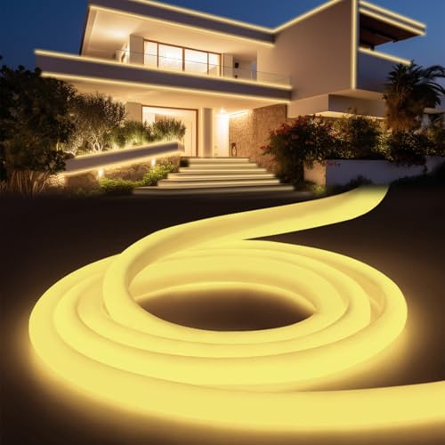 YOODI Neon LED Strip Warmweiss 20m, Led Lichtband für Außenbereich IP65 Wasserdicht, Schneidbare Rundes Rohr Flexibel Outdoor LED Streifen 230V für Haus, Zimmer, Garten, Party, Inklusive Netzteil