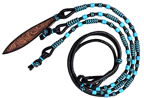WeavingCraft Black Rope with Turquoise Knots Raw Hide Leather Horse Tack Hand-Braided Romal Romel Reins Hand Carved Leather Popper Ranch Rope/RopeReins-8.5 Ft, 52' Romel