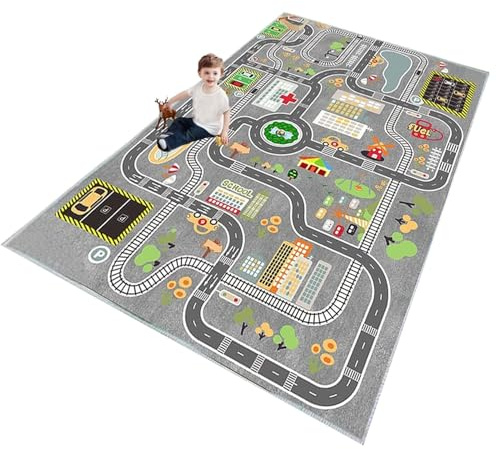 ZFHNYJWKL Kinder spielteppich Auto Jungen & Mädchen Teppich Straßenteppich Bauteppich Stadtstadt Lernbereich Teppich Pädagogischer Antirutsch für Kinderzimmer Grau Blau Grün(A,80X160CM)