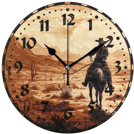 xigua Vintage Western Cowboy Wall Clock, Silent Non Ticking 10 Inch Battery Operated Wall Clocks, Easy to Read Clock for Home Kitchen Living Room Bathroom Office Decor
