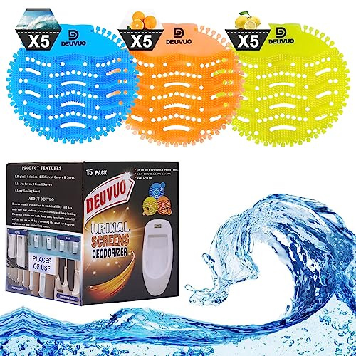 Deuvuo Colino per orinatoio con profumo, 15 pezzi, filtro per orinatoio, blocca le onde 3D, anti-odore per WC, bagno, hotel e uffici, profumo di lunga durata, Blu, Arancione, Giallo