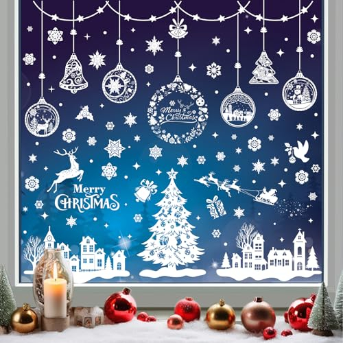 244Stk Fensterbilder Weihnachten Weihnachtsdeko PVC Schneeflocken Fensterdeko Weiß Selbstklebend Statisch Weihnachten Fensteraufkleber für Türen, Fenster und Vitrinen