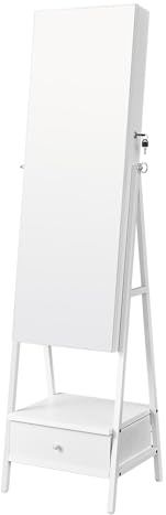 SONGMICS Armoire à Bijoux, Miroir sur Pieds, Lumières LED à 3 Couleurs et Intensité Réglable, Rangement Accessoire, Miroir sans Cadre, Miroir Intérieur avec Lumières, Blanc JJC012W01