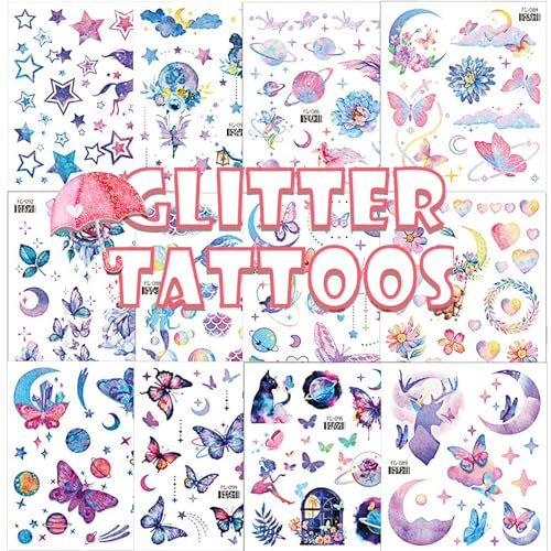 Qpout 12 Sheets Glitter Tattoos for Kids Girls Butterfly Temporary Tattoos Butterfly Party Gift Body Art Makeup Sticker for Kids Woman Princess Birthday Fairy Party Favors Gifts Bags Filler