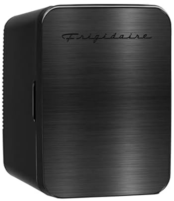 Frigidaire Mini Personal Fridge Cooler, Countertop, Holds Up to 10L/15 Cans, Brushed Black Stainless Rugged Design, Portable for Skincare, Makeup, Car, Office, Bedroom, Dorm Room, or Cabin