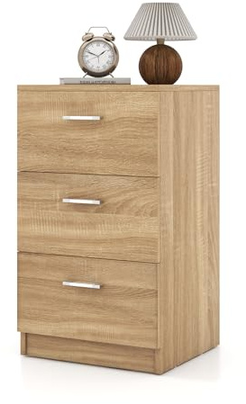 KOMFOTTEU Mesita de Noche con 3 Cajones de Madera, Natural