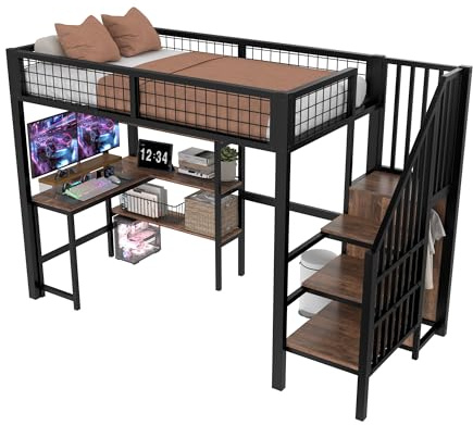Azkoeesy Cama Alta Infantil con Escalera y Escritorio, 90x200 cm, Cama Individual de Metal con Perchero, estantes, para Adolescentes y Adultos, Color Negro