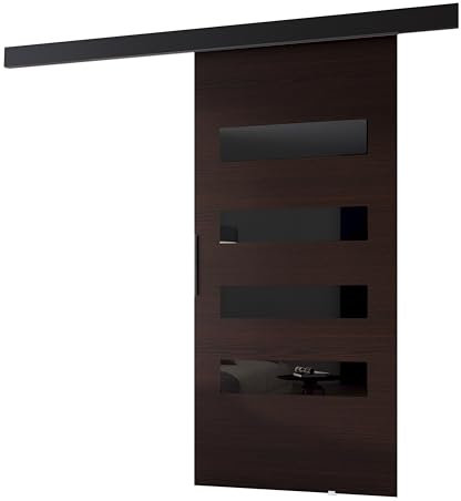 MINIO go for it - Schiebetüren 86 cm, Schiebetür Zimmertür PRIM F, Schiebetürsystem für Zimmer, Dekorative Elemente, Wandmontage, Türe Innen - Schwarz/Schwarzer Griff, Wenge/Schwarz