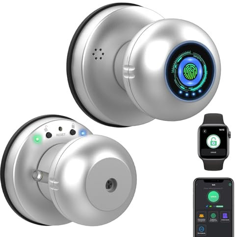 Fingerprint Door Lock Smart Ball Door Knob with Key eLinkSmart Keyless Entry Door Lock for Bedroom Apartment with Privacy Mode Clear Voice Bluetooth App Control Support iOS Watch Silver