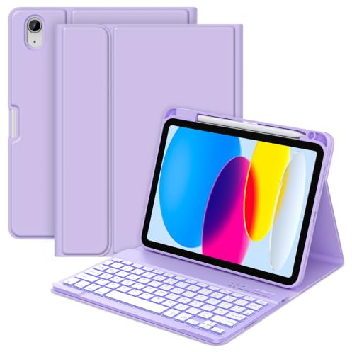 MMK Hülle mit Tastatur für iPad A16 11 Gen 11 2025/10 Gen 10.9 2022 | 7-Farben Beleuchtung, Abnehmbare Kabellose Bluetooth Tastatur Schutzhülle mit Stifthalter, QWERTZ-Layout, Lila