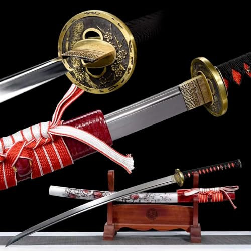 KWXPW 103cm handgefertigt Samurai-Schwert,Federstahl Klinge,halbe Packung Rattan Holzscheide mit gemalte Muster,Japanisches Katana für Geschenke,Dekoration,Sammlung,Ausstellung,Cosplay,Kendo-Training