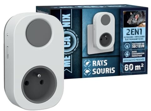 MECANIX® - Répulsif 2-en-1 Ultrasons & Impulsions Électromagnétiques Anti-Souris et Rats - Fréquences Variables - 240V - Protection 80m² - sans Danger pour Enfants et Animaux – Faible Consommation