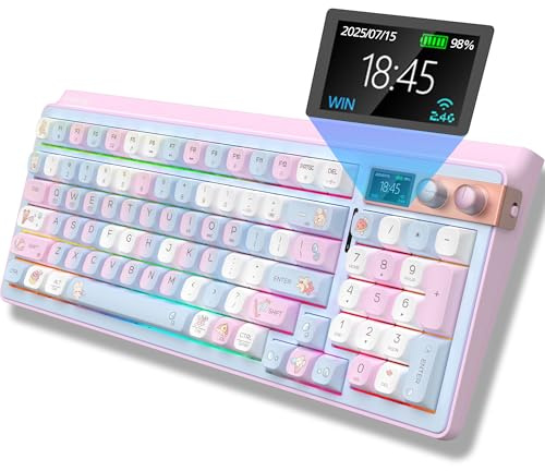 FOPATO H98 Wireless Mechanical Keyboard,96-Key Hot-Swappable Wired Gaming Keyboard,Tri-Mode Bluetooth 5.0 2.4G USB-C,1.14 Color Screen,Double Knob,6000mAh,RGB,PBT Keycaps for PC Mac iPad-Pink