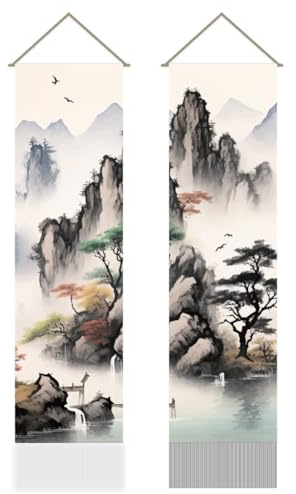 AHANDMAKER 2 Wandteppich Mit Asiatischer Landschaftsmalerei. Orientalische Tintenästhetik Bergbaum Japanische Kunstfertigkeit Quasten Wandteppich Zum Aufhängen Für Dekoration (45.7x13 Zoll)