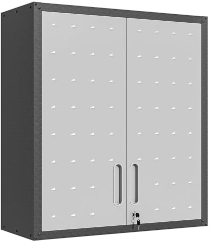 BIZOEIRON Werkzeugschrank Hängend, Metall Wandschrank mit 2 Türen, Hängeschrank für Garage, Werkstattschrank Wand, Montage Erforderlich, Schwarz & Grau