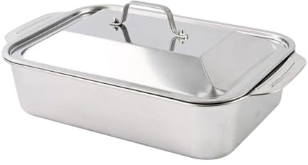 F Fityle Stainless Steel Hotel Pan Metal Food Tray Heat-resistant with Steel Lid and Handles Rectangular Lasagna Pan for Salad Fruit, Large