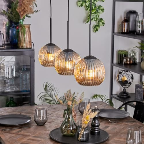 HOFSTEIN Hängeleuchte Ripoll, 3-flammige Hängelampe aus Metall/Riffelglas in Schwarz/Bernsteinfarben, Pendelleuchte im Retro/Vintage-Design (Schirme Ø 15 cm), E27, Esszimmer, Wohnzimmer, Küche