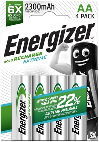 Energizer - Rechargeables, Pack de 4 Piles AA 2300 mAh, pré-chargées, pour appareils à Usage fréquent et des centaines de recharges, sans sulfatation