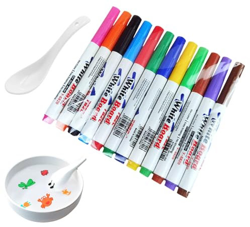 Whiteboard Pens 12 Pack with 1 Spoon, Magical Ink Water Floating Pen for Kids Books Calendar Boards, Fine Tip Dry Wipe Pens Dry Erase Pens Low Odor (12 Pcs with 1 Spoon)