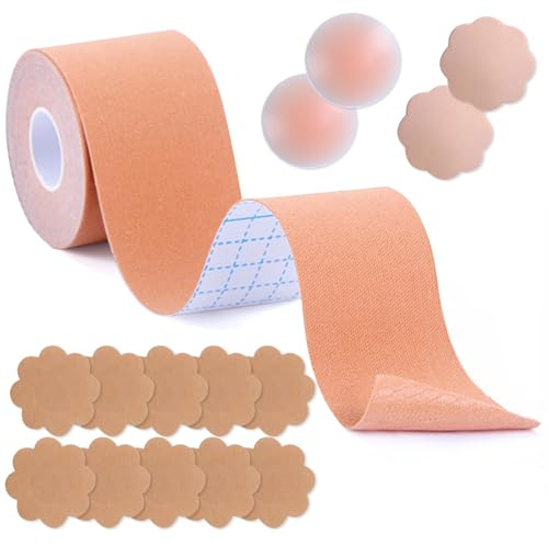 Klebe BH Push Up, Große Brust Boob Tape, Rückenfrei Trägerloser BH Push Up für A-G Körbchen, Brust Tape mit 14 Stück Nipple Cover, Boobietape für Abendkleider, Ballkleid, Hochzeitskleid, 5cm x 5m
