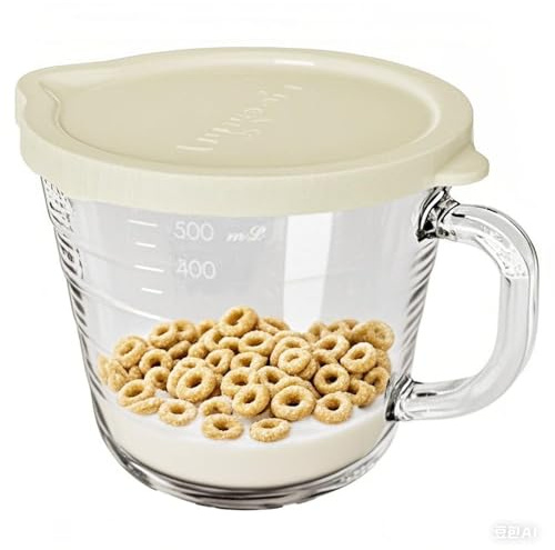 TAMUME Glas-Küchentasse mit Deckel, 500 ml, gravierte Graduierung, mikrowellengeeignet und stromlinienförmiger Ausgießer