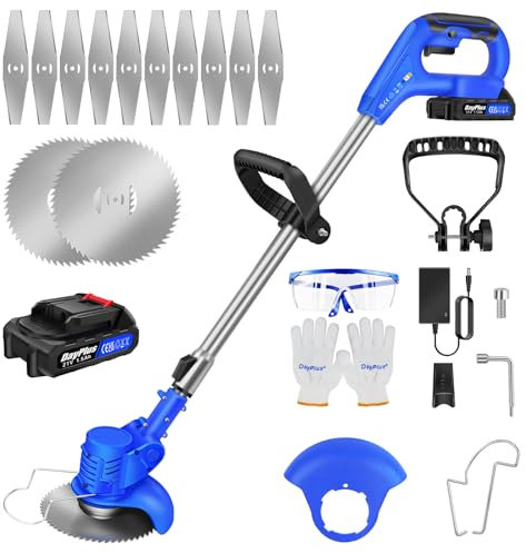 Cordless Strimmer 21v with Telescopic Lightweight Grass Trimmer 90° Head Rotation,Electric Garden Strimmer Grass Cutter with 2 X2.0 mh Battery and Charger,2 Types Blades Brush Cutter