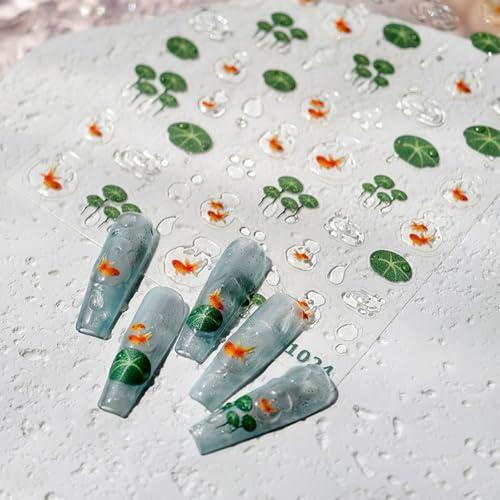 JMEOWIO 3D Nagelsticker Koi Fisch Nail Art Sticker Selbstklebend Nagelaufkleber 5D Stereoskopisch Dekoration Nageldesign Zubehör 1 Blatt
