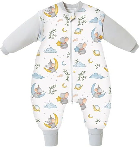 Chilsuessy Baby Winterschlafsack Schlafsack mit Füßen Warm Kinder Ganzjahres Winter Schlafsack Schlafanzug für Jungen Mädchen,abnehmbar Ärmel, Elefanten Mond/3.5 Tog, 70/Baby Höhe 75-85cm