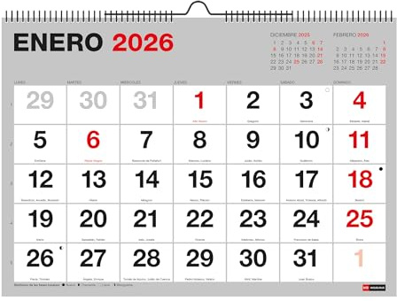 Miquelrius - Calendrier mural 2026 Basic avec grands chiffres, organiseur annuel A4 : 296 x 210 mm, avec espace pour noter, reliure à spirale double, planificateur 12 mois, espagnol