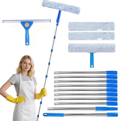 3m Telescopic Window Cleaning Kit - Extendable Squeegee with Pole, Microfiber Scrubber & Accessories for Home, Shower Glass & Car Windows, Professional Window Washer Set