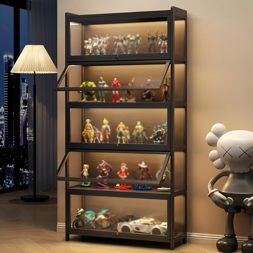 CHMAIDEU Glasvitrine Stehend, Acryl Vitrine mit LED-Beleuchtung und abschließbaren Glastüren – Staubdichter Vitrinenschrank in Schwarz, für Sammlerstücke, Wohnzimmer, Büro