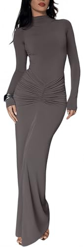 Sukiglam Vestito Donna Elegante Maniche Lunghe Maxi Abito Aderente con Scollo Alto Sexy Vestiti Lungo a Pieghe Abiti da Sera Cerimonia Festa Cocktail Matrimoni Autunno Inverno Casual Bodycon Tubino