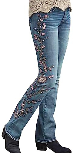 Pantalones Vaqueros Mujer Anchos Vaqueros Elástico Rectos Cintura Alta Jeans con Bordados Flores Push Up Pantalones Skinny Classico con Bolsillos Pantalon Tejanos Elegantes Vintage Casual Comodos