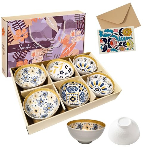 Set of 6 Ceramic Serving Bowls, Gift-Ready with Greeting Card, 10 oz/4.6in | Microwave, Oven, Dishwasher Safe, Diamond-textured Non-slip Grip, Stackable, Small Bowls for Dessert Cereal Snacks Nibble