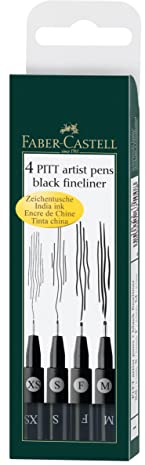 Faber-Castell 167115 - Tuschestifte Pitt Artist Pen, 4er Packung, Inhalt: M, F, S, XS, schwarz