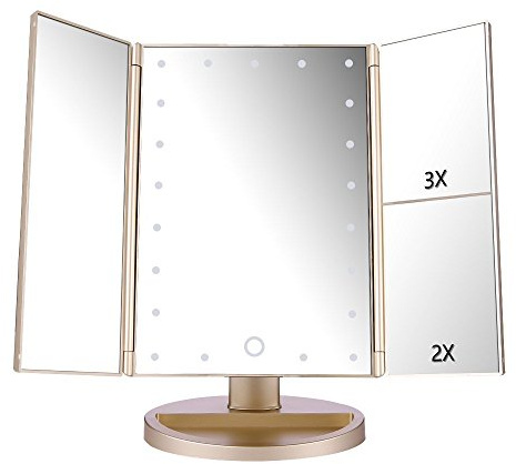 deweisn Lighted Vanity Makeup Mirror with 3X/2X/1X Magnification, 21 LED Lights and Touch Screen Dimmable Mirror, Two power Supply Mode Tabletop Makeup mirror,Travel Cosmetic Mirror(Gold)