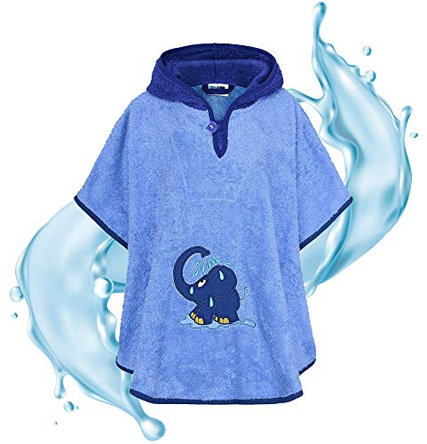 Smithy, hochwertiger Frottee - Bade - Poncho aus 100% Baumwolle, Farbe blau, Motiv Blauer Elefant, Größe ca. 1 bis 3 Jahre